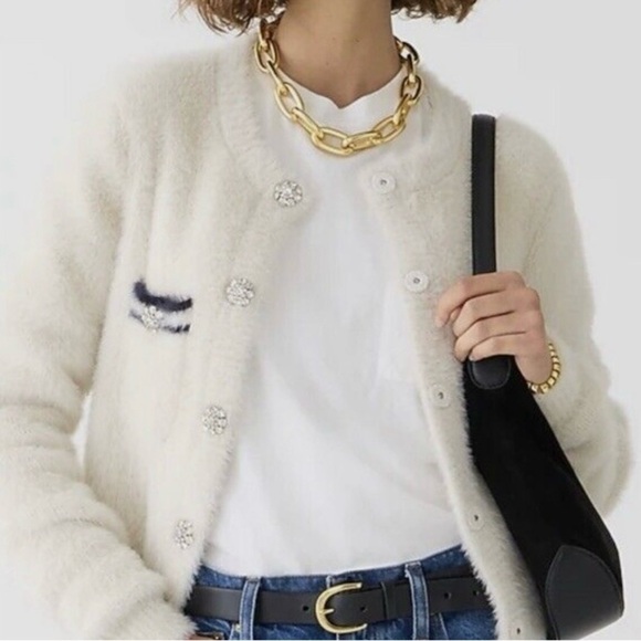 J.Crew Sweater Lady Jacket Brushed Yarn Ivory Navy Size M - Picture 1 of 10